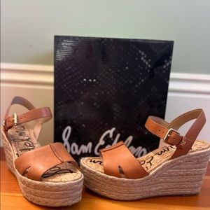 Sam Edelman - Brand new in box Maura rattan and cognac leather wedges.